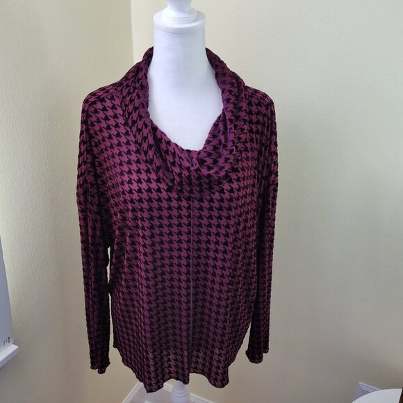 LIV by Habitat Clothes Burgundy Velvet Mesh Houndstooth Sheer Cowl Top Size M - Picture 2 of 14